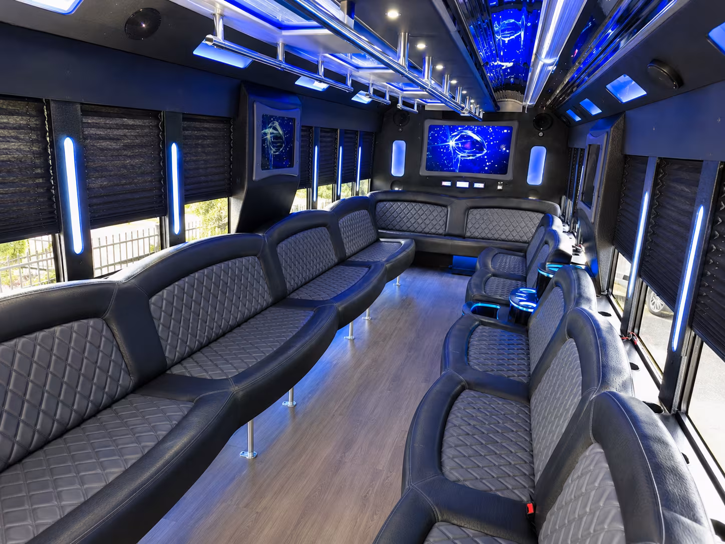 Interior of a party bus rental serving Jackson